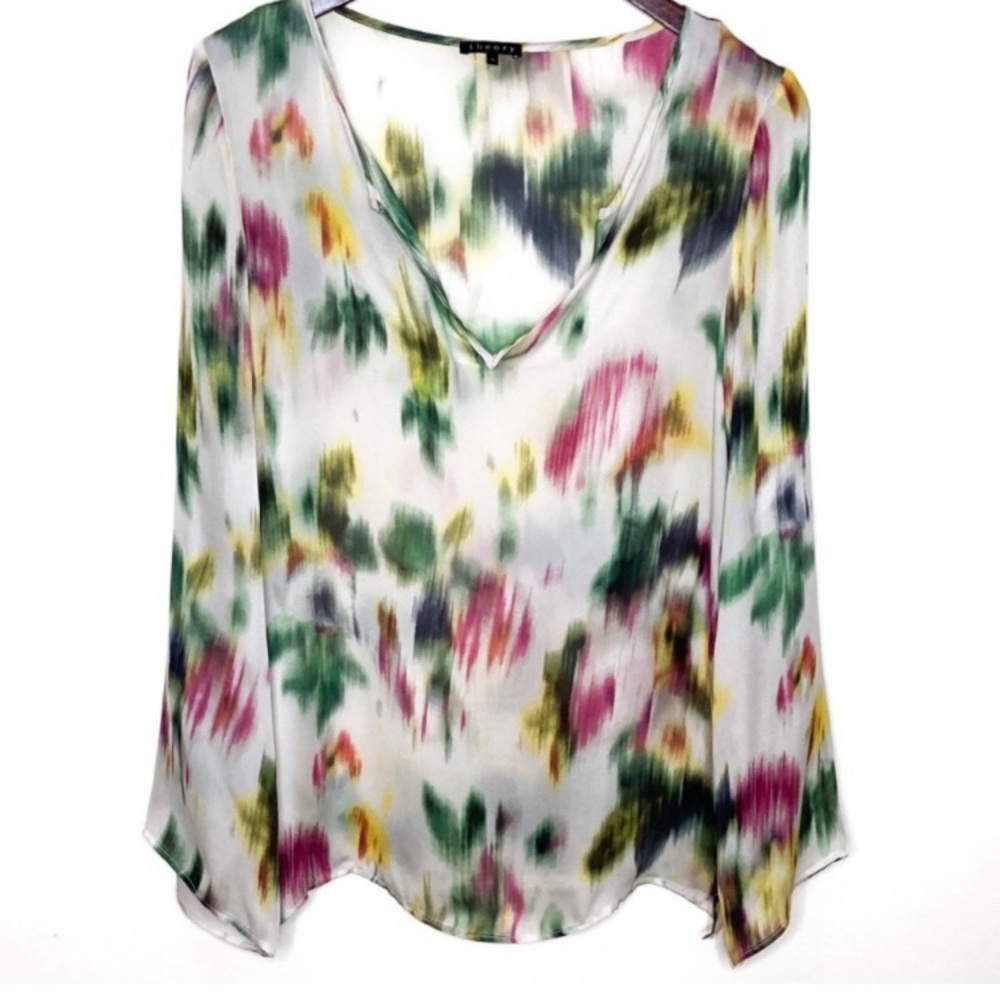 Theory Silk Floral Long Sleeve Blouse Size Medium